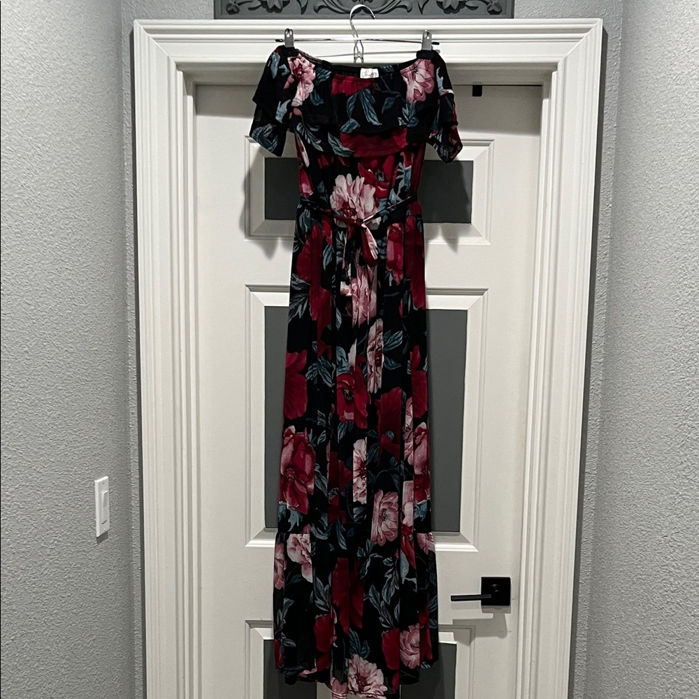 Siren Lily Black Maxi Dress with Red & Pink Floral Print